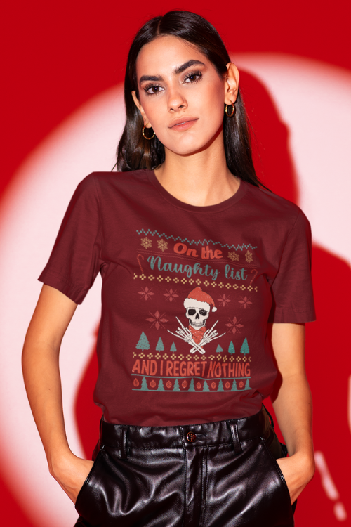 On The Naughty List And I Regret Nothing T-Shirt, Rebellious Retro Holiday Humor Tee
